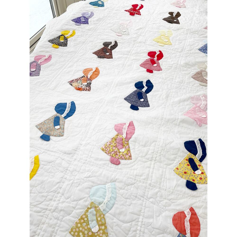 Handmade Appliqué Sunbonnet Sue Multicolor 3D Vintage 77x88” Twin - Picture 3 of 13